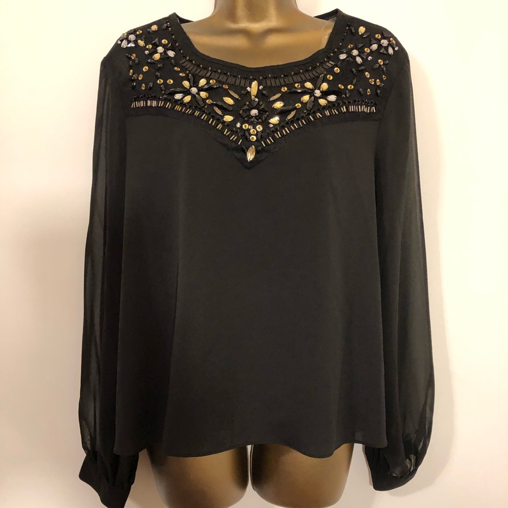 Bisou Bisou black long sleeve top beaded neckline
